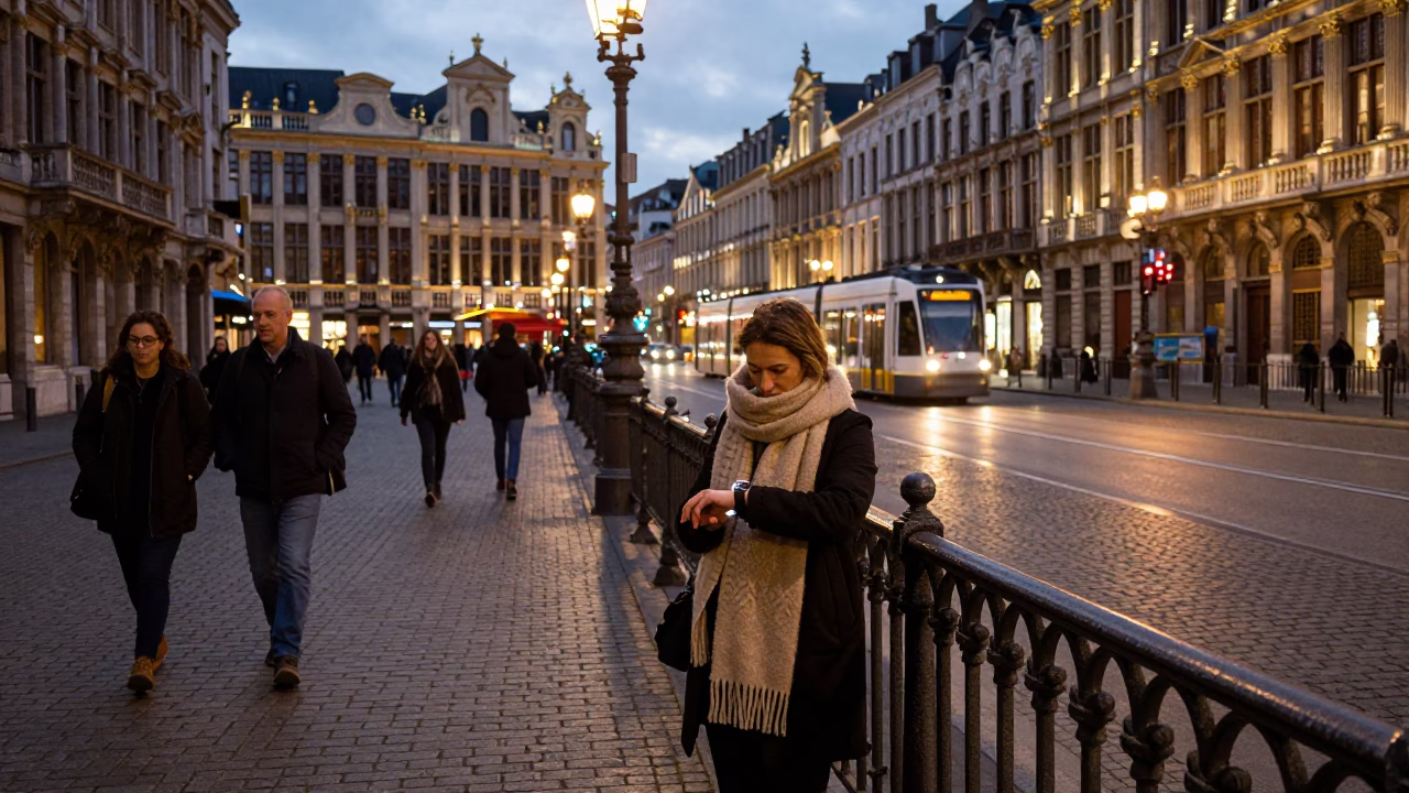 Street Scene at Twilight in Brussels in in Brussels, Belgium