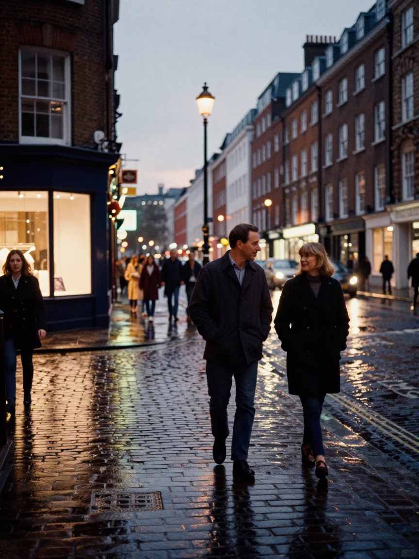 Street Scene at Twilight in London in in London, United Kingdom