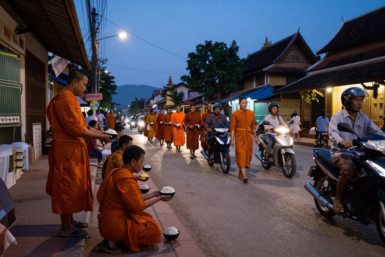 Street Scene at Twilight in Luang Prabang in in Luang Prabang, Laos
