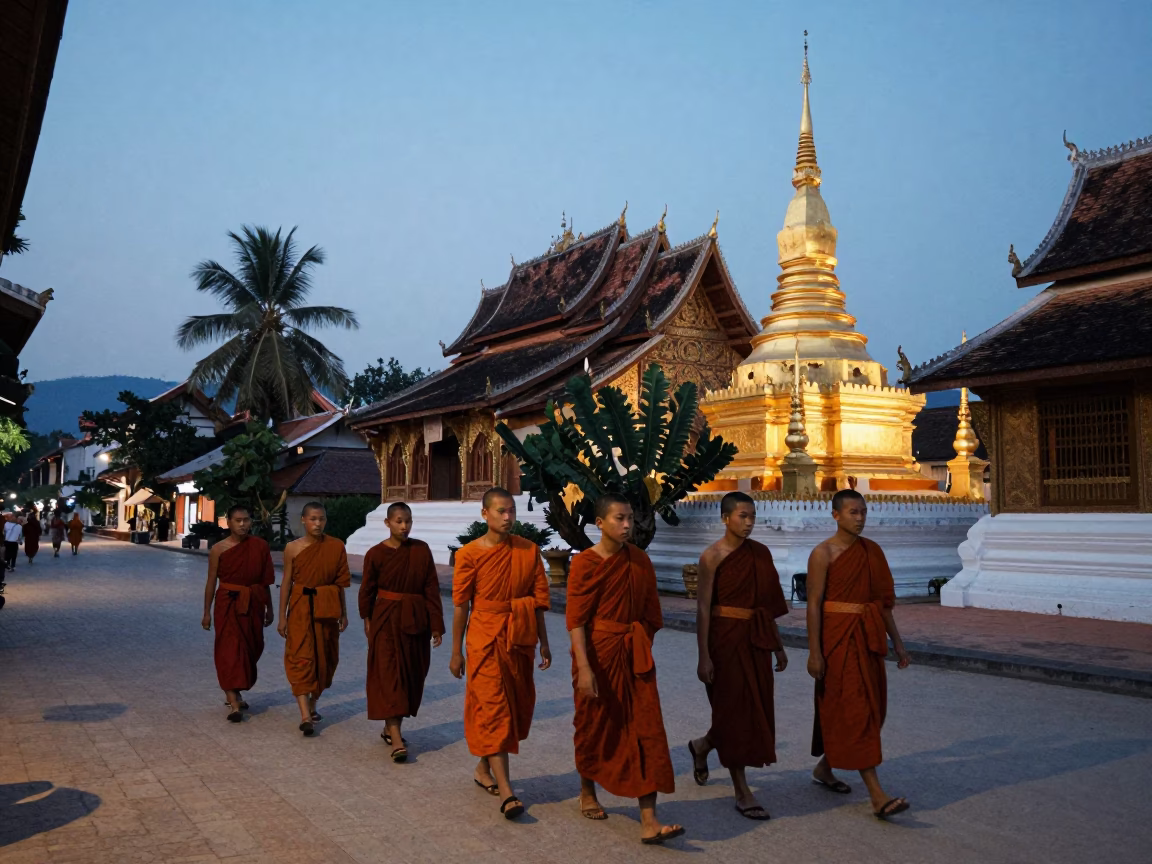 Street Scene at Twilight in Luang Prabang in in Luang Prabang, Laos