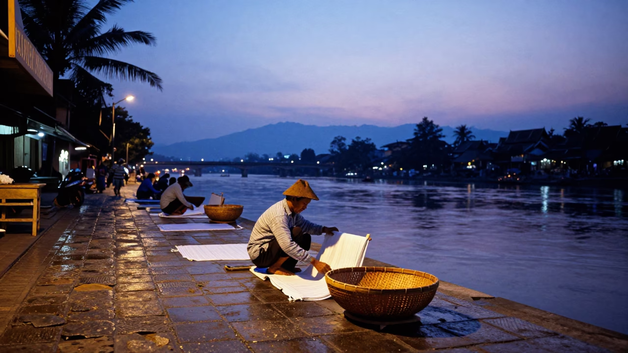 Street Scene at Twilight in Luang Prabang in in Luang Prabang, Laos