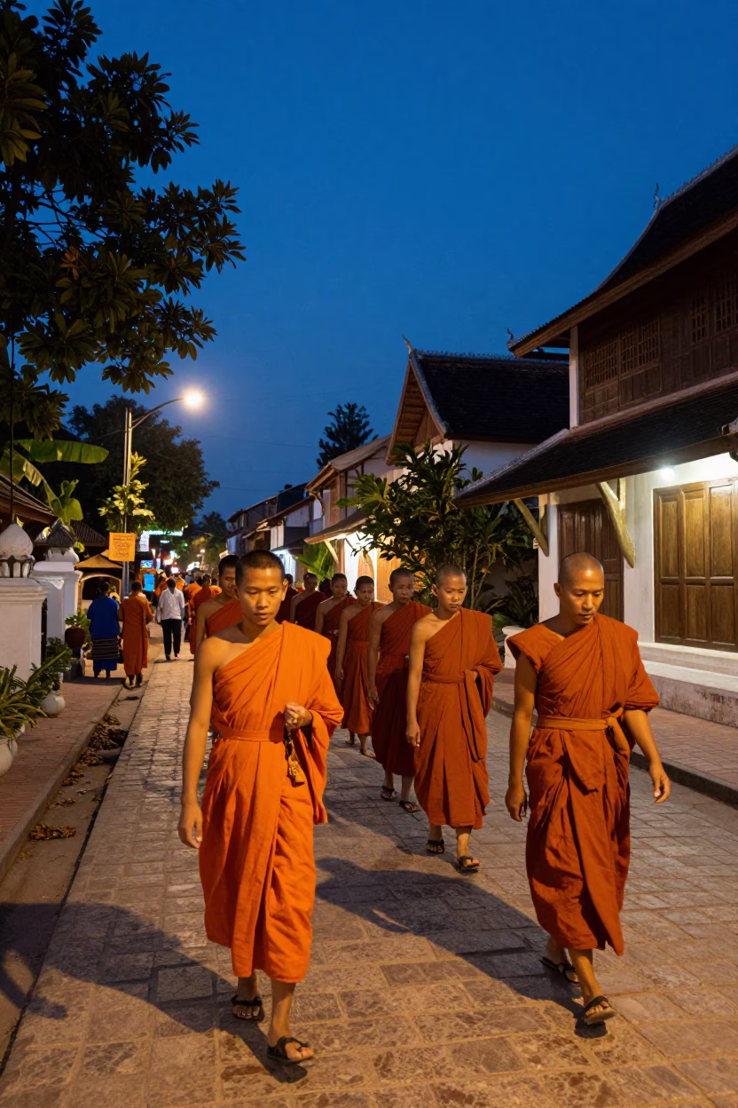Street Scene at Twilight in Luang Prabang in in Luang Prabang, Laos