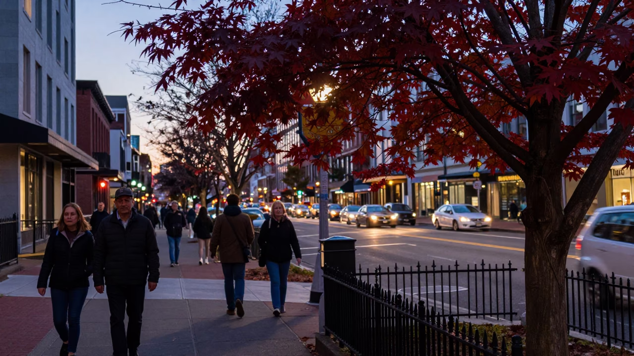 Street Scene at Twilight in Portland in in Portland, Oregon, United States