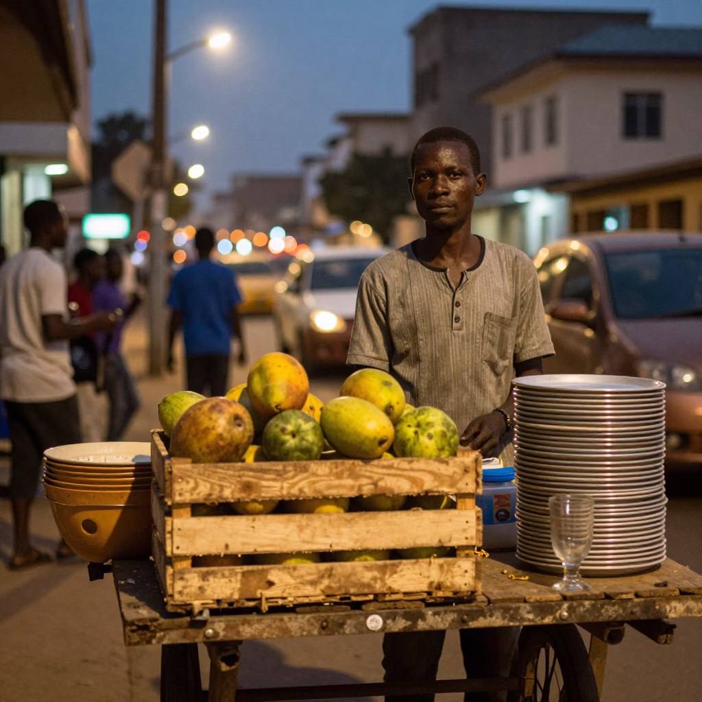 Street Scene in Accra at As City Lights Begin To Glow in in Accra, Ghana