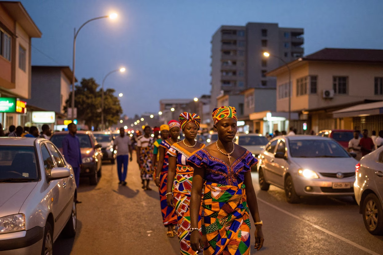 Street Scene in Accra at As City Lights Begin To Glow in in Accra, Ghana