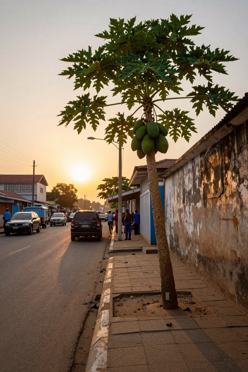Street Scene in Accra at As The Sun Drops Toward The Horizon in in Accra, Ghana