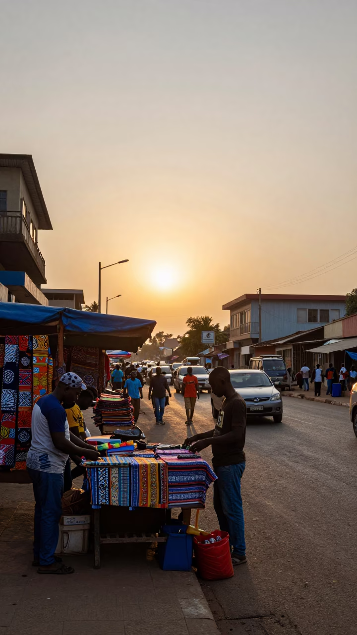 Street Scene in Accra at As The Sun Drops Toward The Horizon in in Accra, Ghana