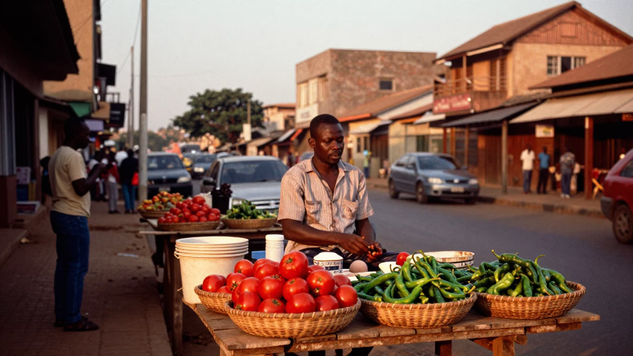 Street Scene in Accra at Copper-toned Light Before Dusk in in Accra, Ghana