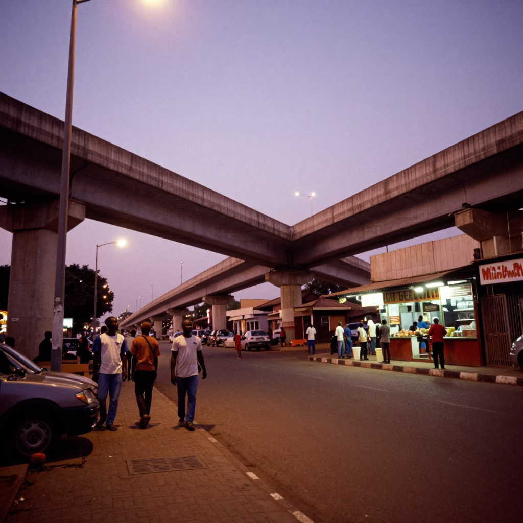 Street Scene in Accra at Copper-toned Light Before Dusk in in Accra, Ghana