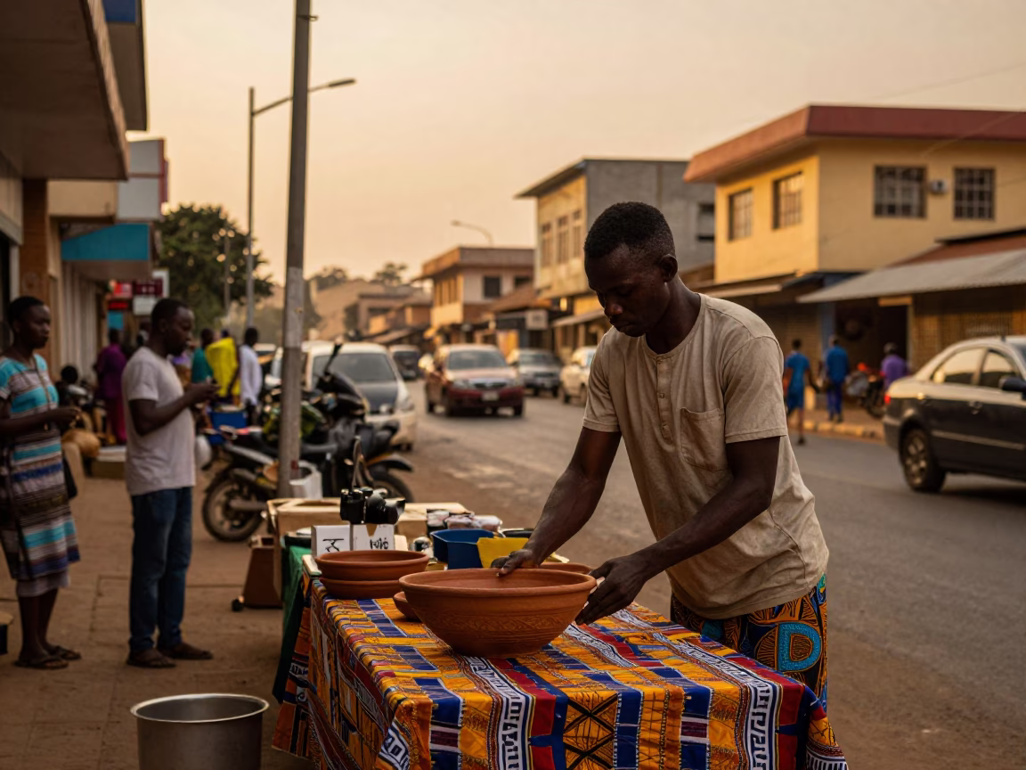 Street Scene in Accra at Copper-toned Light Before Dusk in in Accra, Ghana