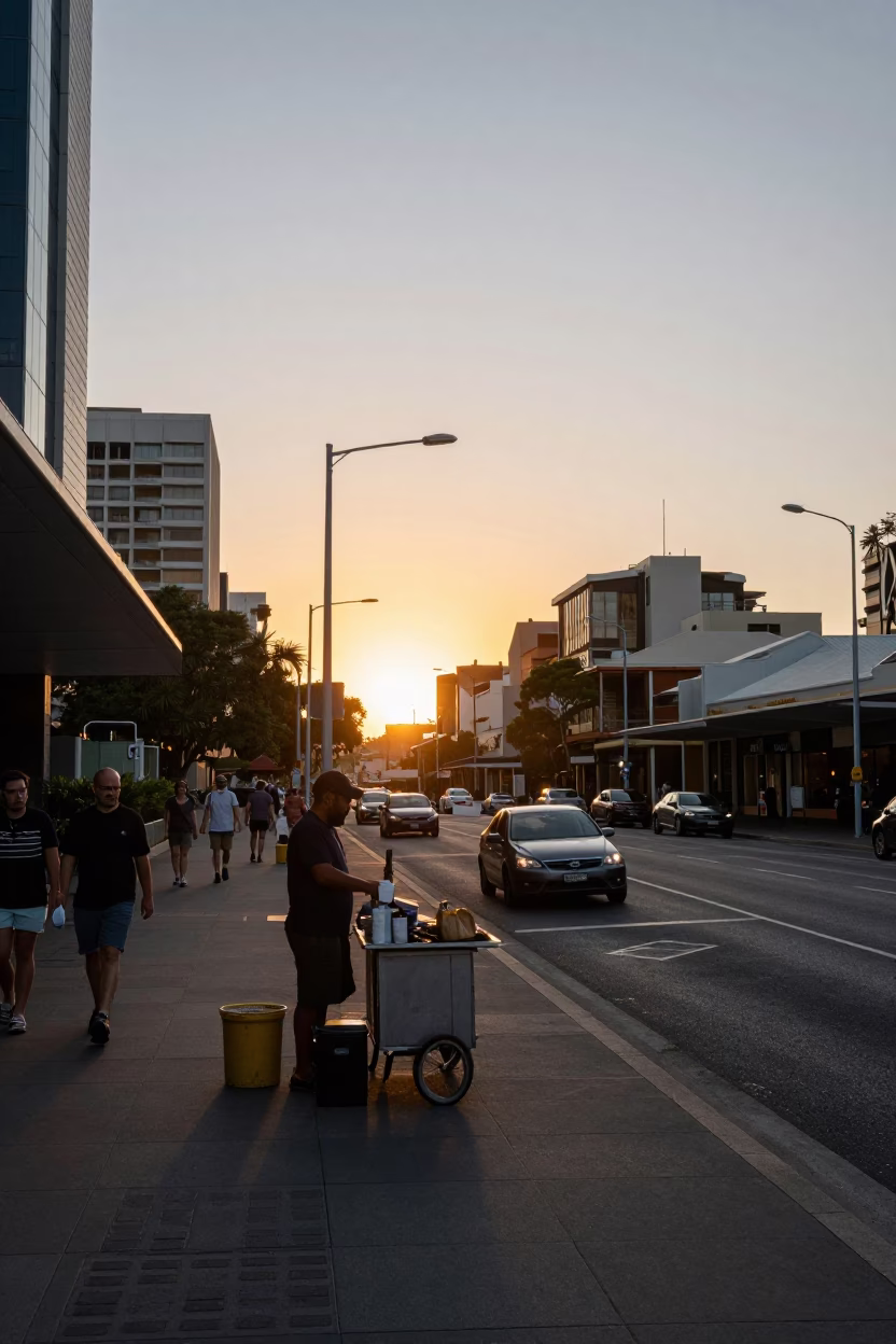 Street Scene in Adelaide at As The Sun Drops Toward The Horizon in in Adelaide, South Australia, Australia