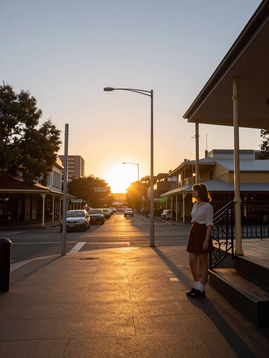 Street Scene in Adelaide at As The Sun Drops Toward The Horizon in in Adelaide, South Australia, Australia