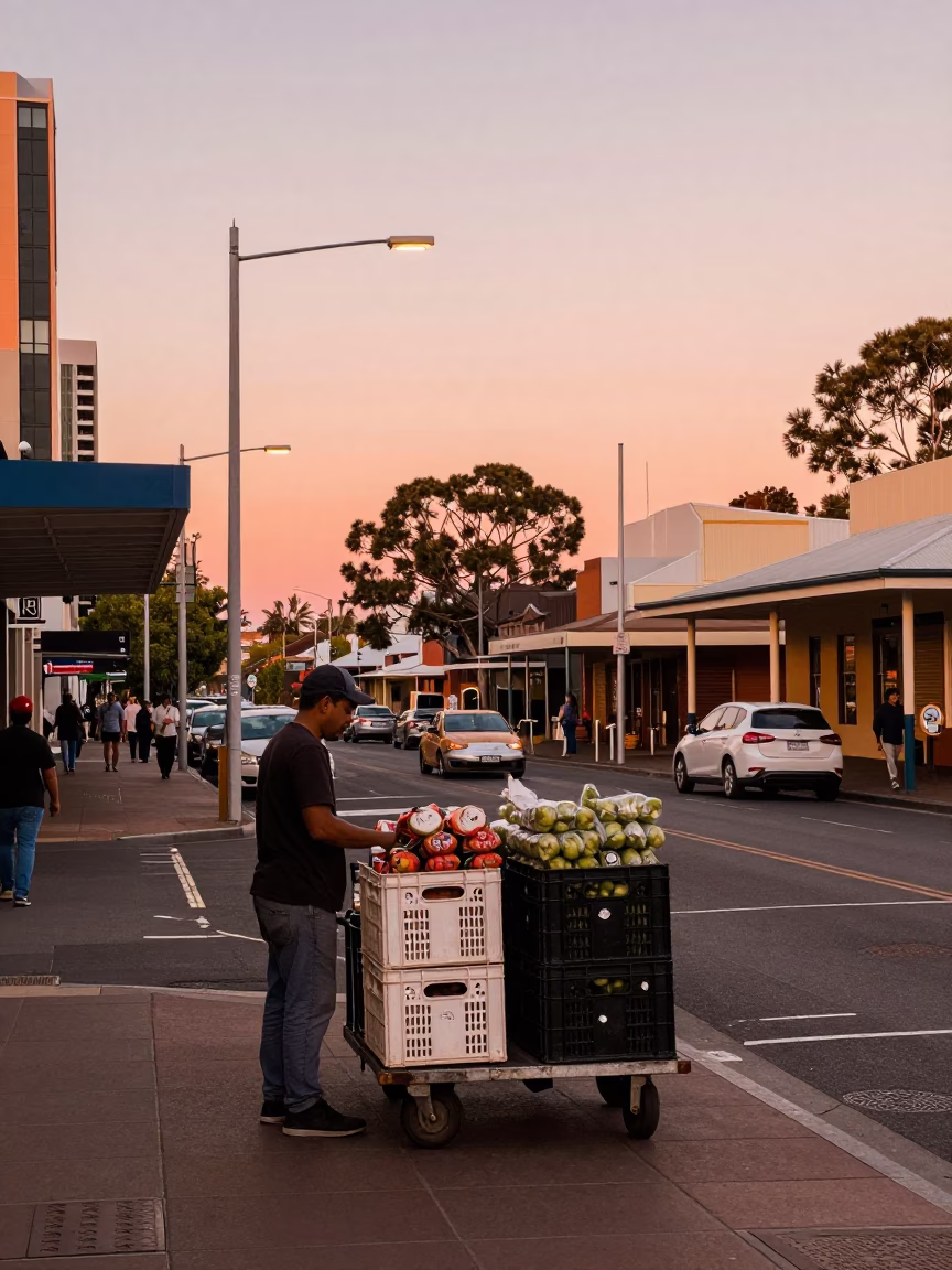 Street Scene in Adelaide at Copper-toned Light Before Dusk in in Adelaide, South Australia, Australia