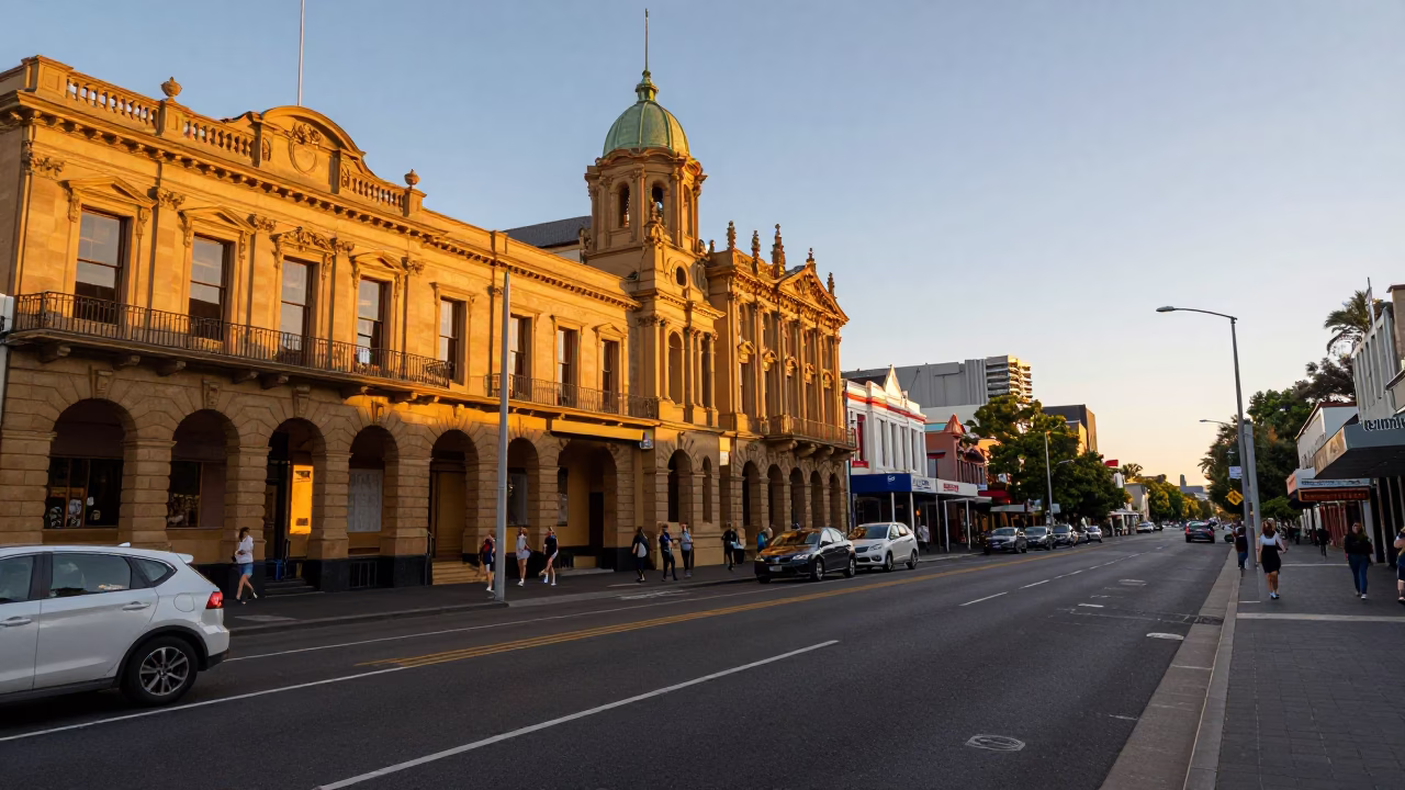 Street Scene in Adelaide at Honeyed Evening Light in in Adelaide, South Australia, Australia