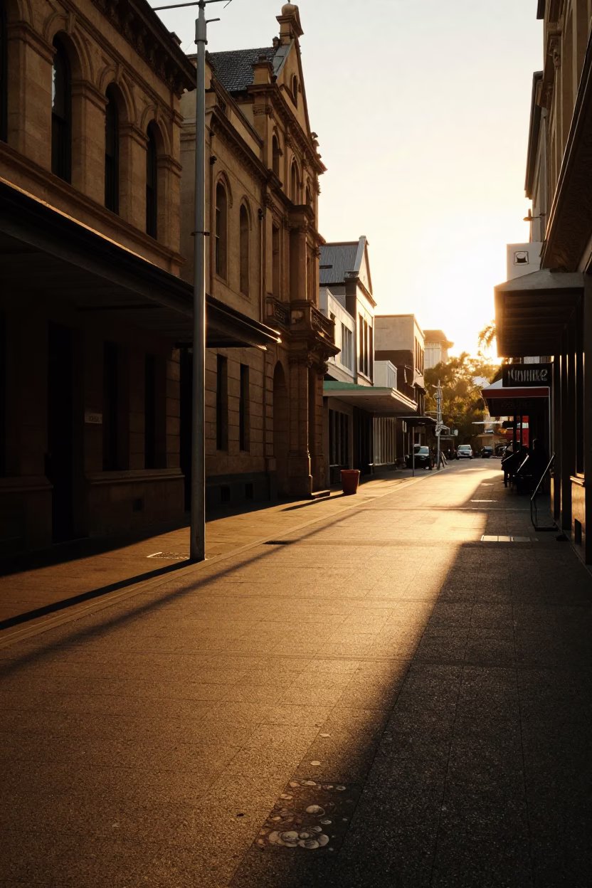 Street Scene in Adelaide at Honeyed Evening Light in in Adelaide, South Australia, Australia