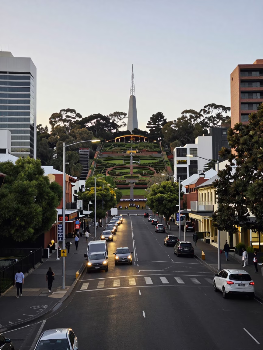 Street Scene in Adelaide at The Early Evening Light in in Adelaide, South Australia, Australia