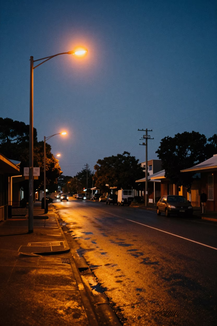 Street Scene in Adelaide at The Predawn Darkness Light in in Adelaide, South Australia, Australia