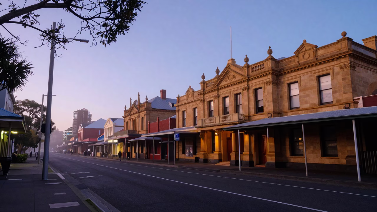 Street Scene in Adelaide at The Still Hours Before Dawn Light in in Adelaide, South Australia, Australia
