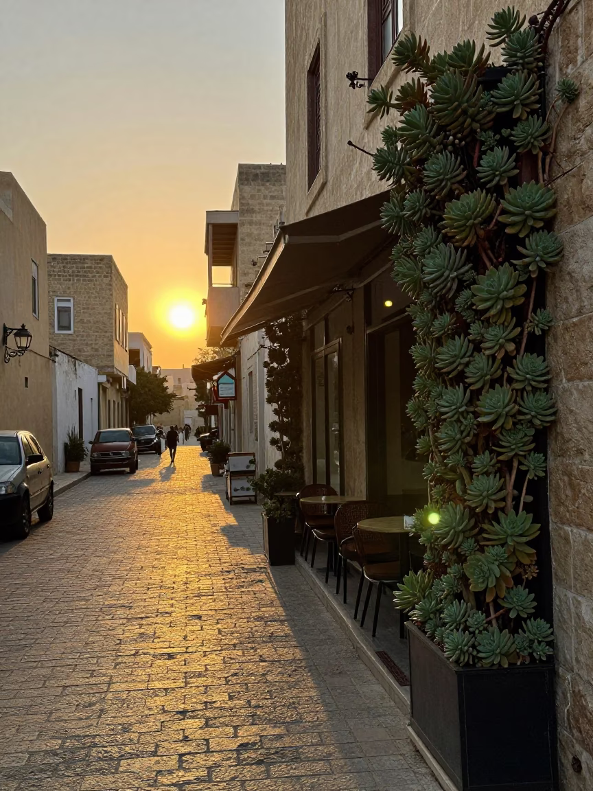 Street Scene in Alexandria at As The Sun Drops Toward The Horizon in in Alexandria, Egypt