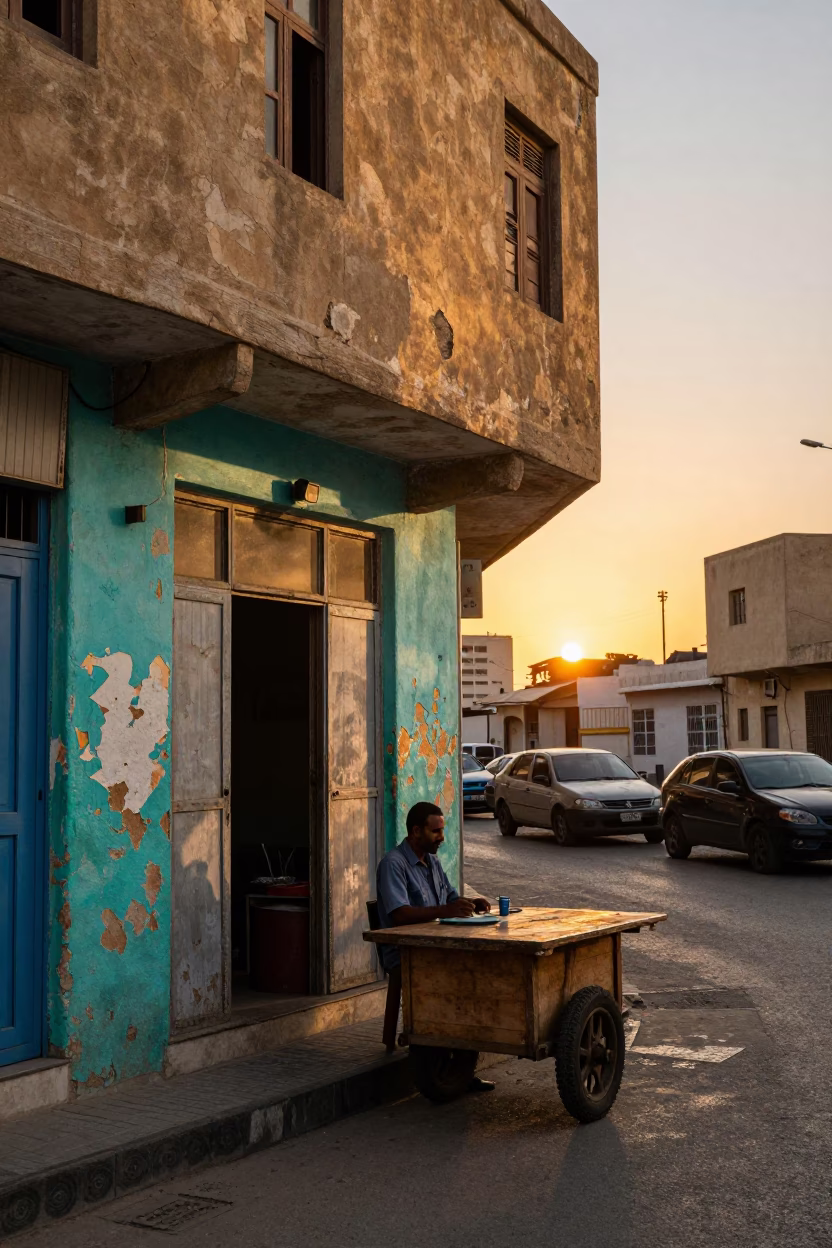 Street Scene in Alexandria at As The Sun Drops Toward The Horizon in in Alexandria, Egypt