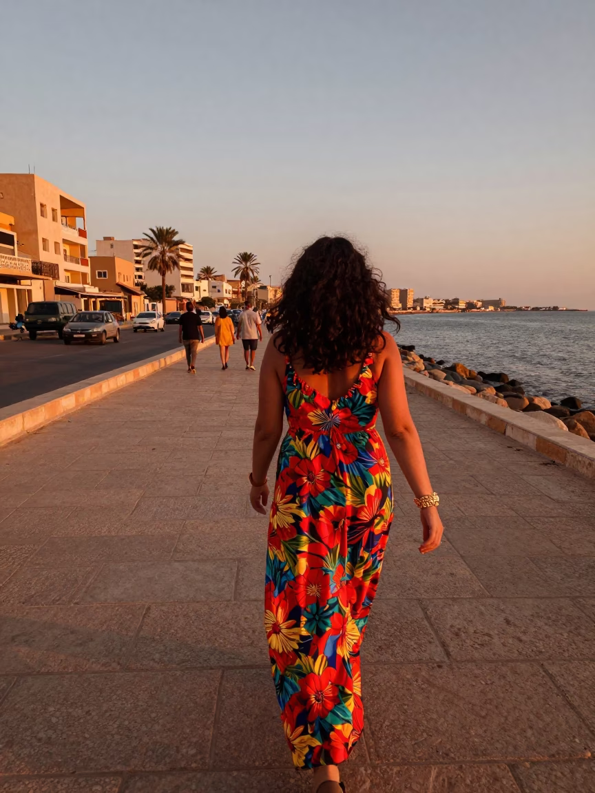 Street Scene in Alexandria at Copper-toned Light Before Dusk in in Alexandria, Egypt
