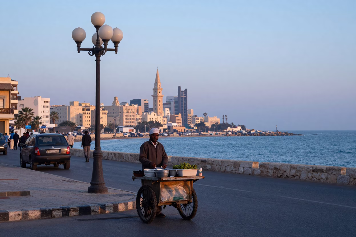 Street Scene in Alexandria at First Light Of Dawn in in Alexandria, Egypt