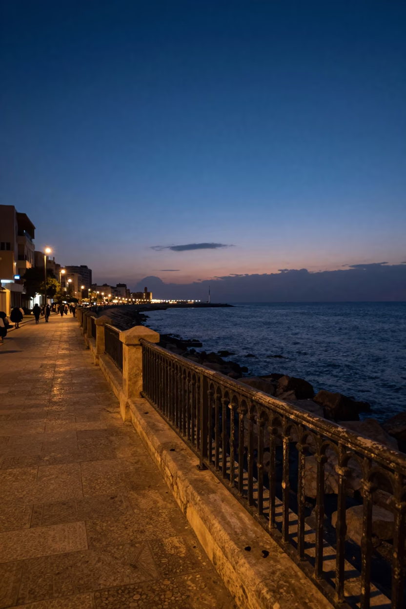 Street Scene in Alexandria at Indigo Twilight After Sunset in in Alexandria, Egypt