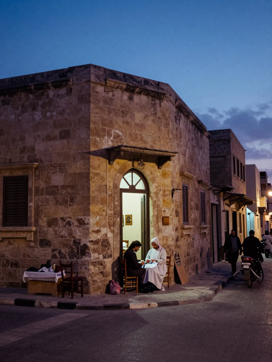 Street Scene in Alexandria at Indigo Twilight After Sunset in in Alexandria, Egypt