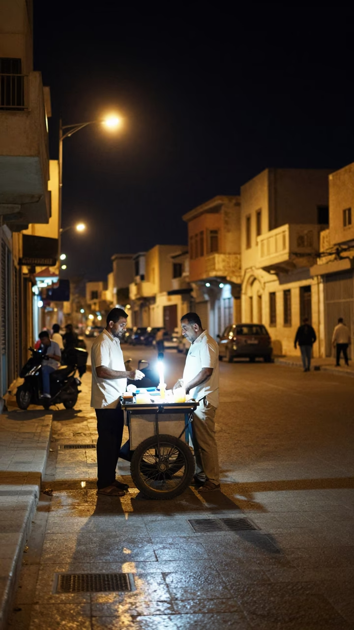 Street Scene in Alexandria at Midnight Light in in Alexandria, Egypt