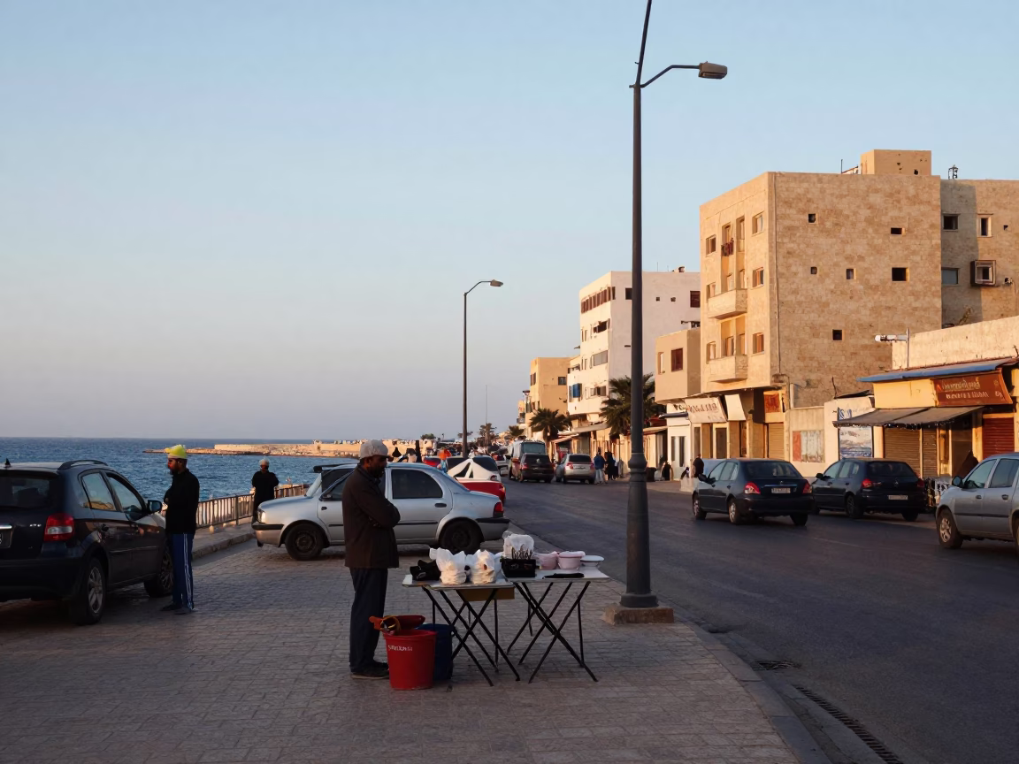Street Scene in Alexandria at Nautical Dawn Light in in Alexandria, Egypt