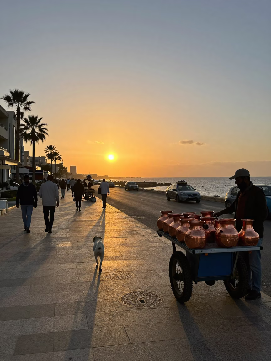 Street Scene in Alexandria at Sunset Light in in Alexandria, Egypt