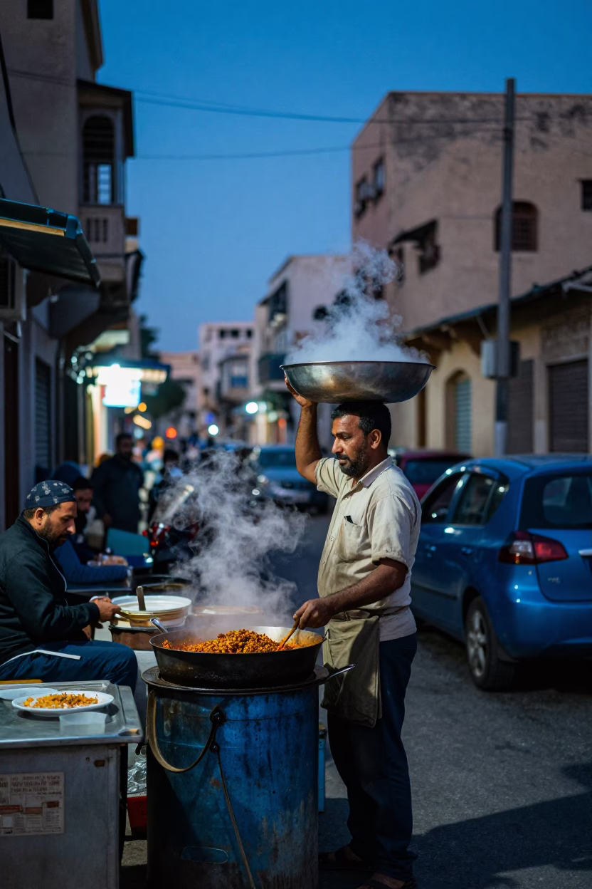 Street Scene in Alexandria at The Last Blue Light Of Evening in in Alexandria, Egypt