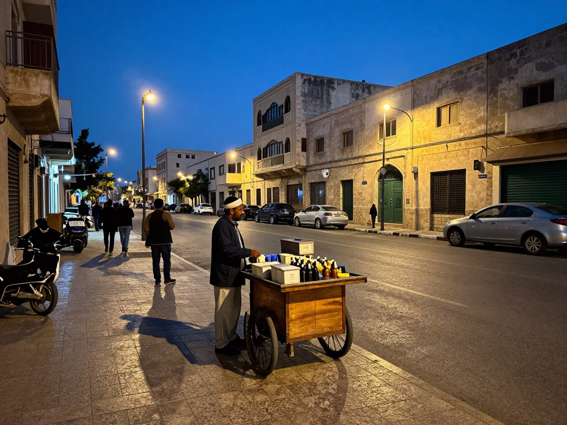 Street Scene in Alexandria at The Last Blue Light Of Evening in in Alexandria, Egypt