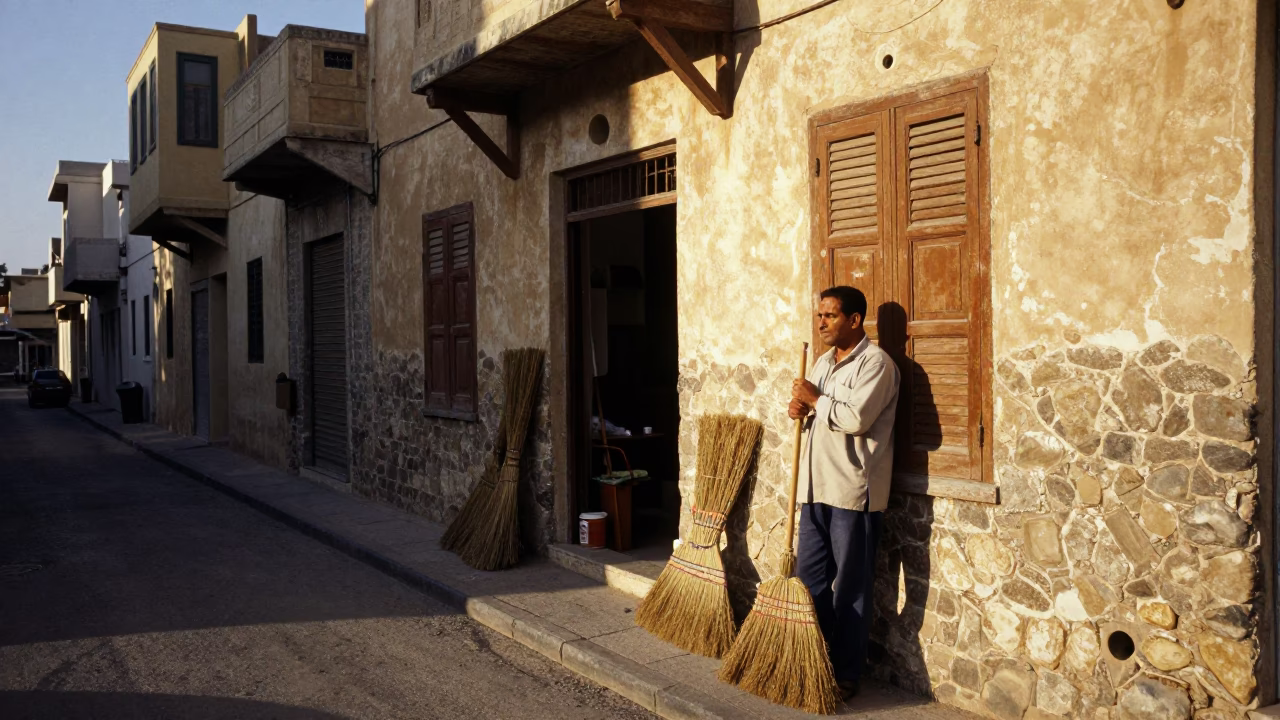 Street Scene in Alexandria Egypt Late Afternoon Light with Brooms and Local Market Activity in in Alexandria, Egypt