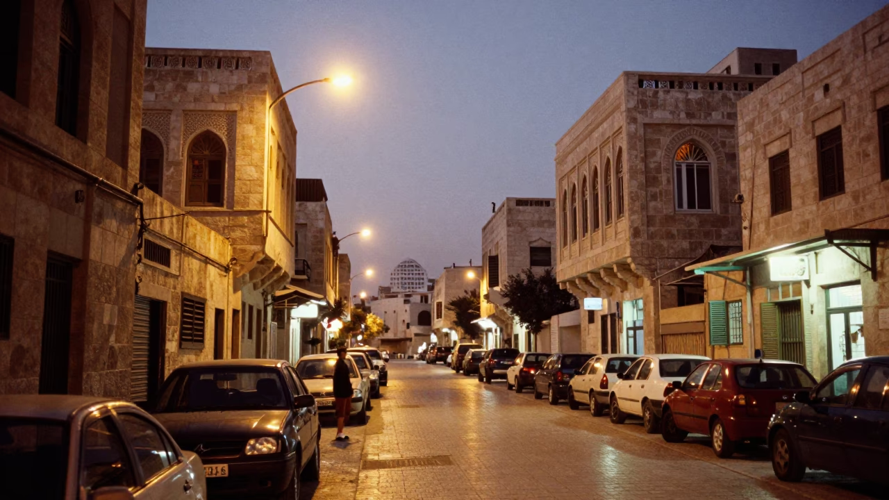 Street Scene in Amman at As City Lights Begin To Glow in in Amman, Jordan