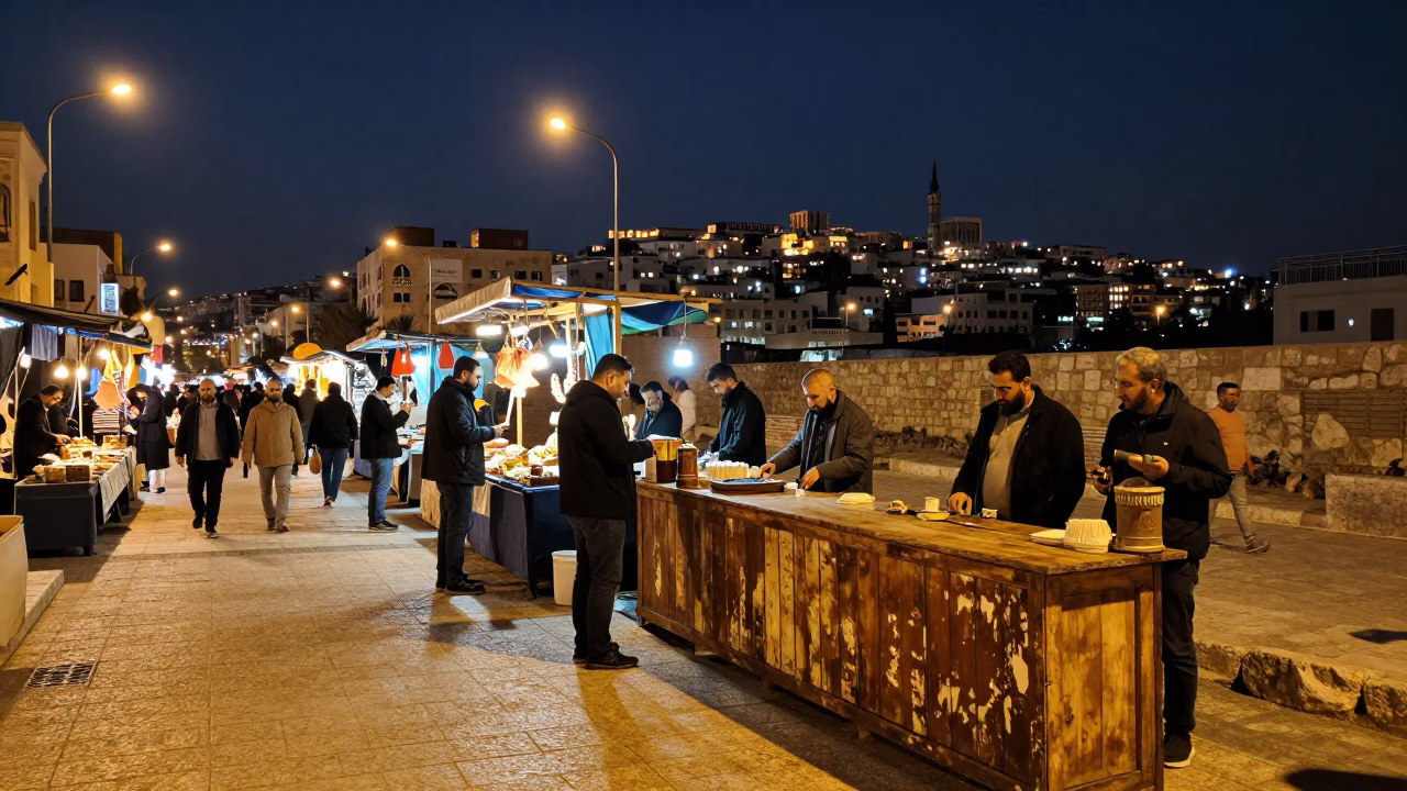 Street Scene in Amman at As City Lights Begin To Glow in in Amman, Jordan