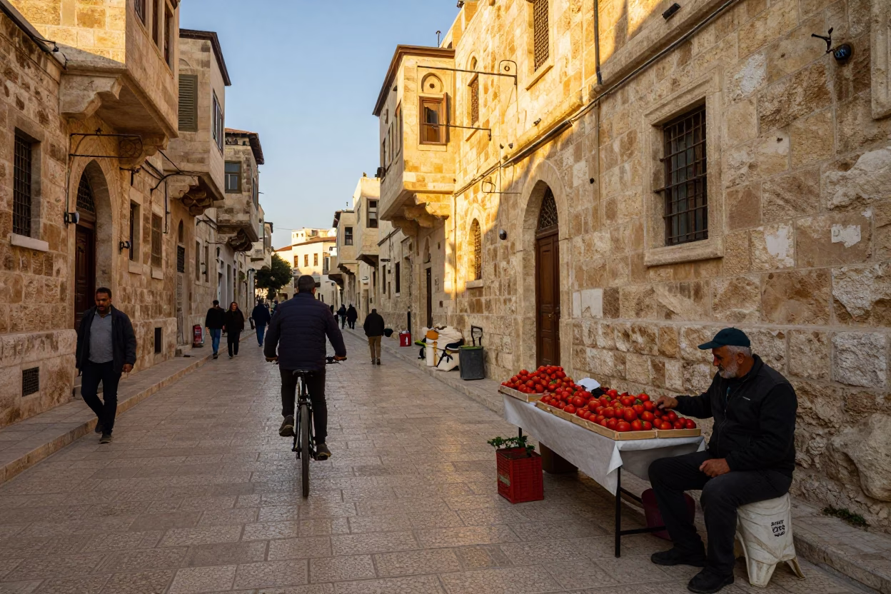 Street Scene in Amman at As First Light Reaches The Scene in in Amman, Jordan