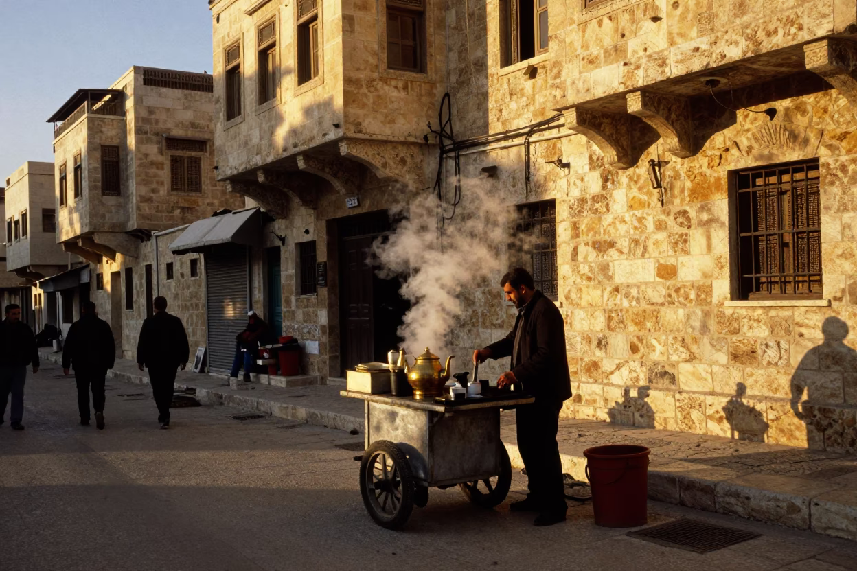 Street Scene in Amman at Honeyed Evening Light in in Amman, Jordan