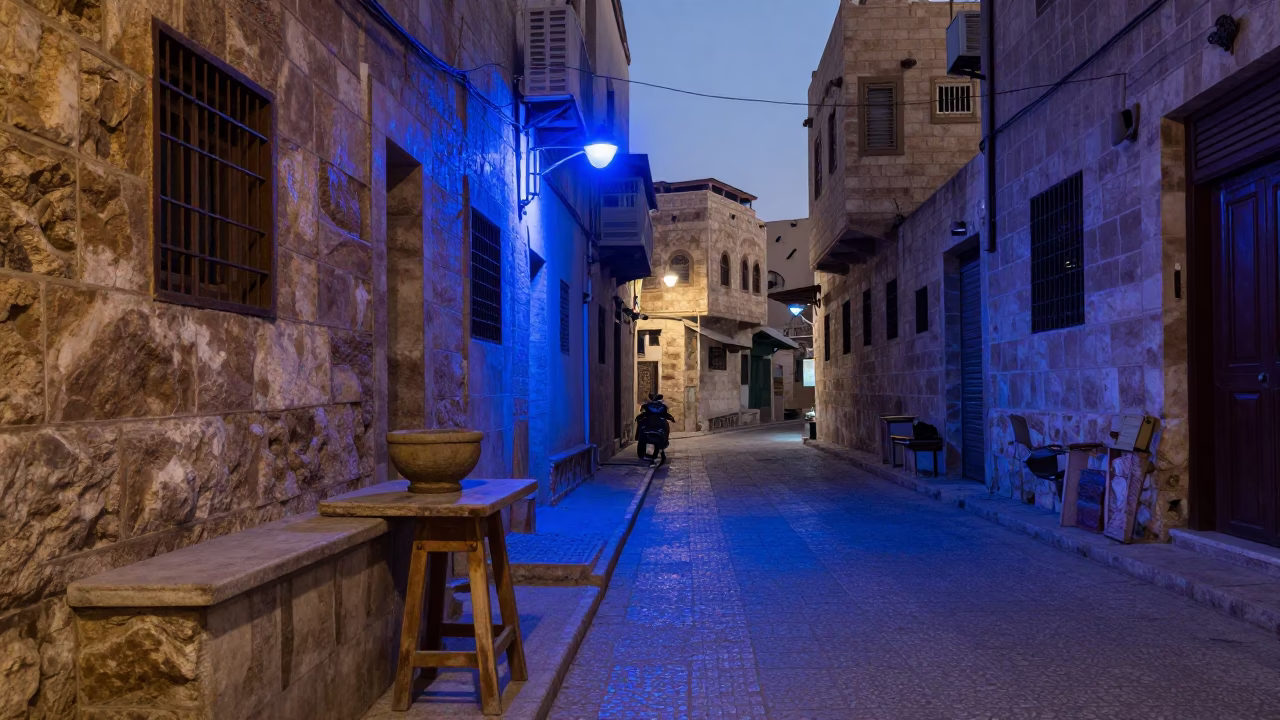 Street Scene in Amman at The Last Blue Light Of Evening in in Amman, Jordan