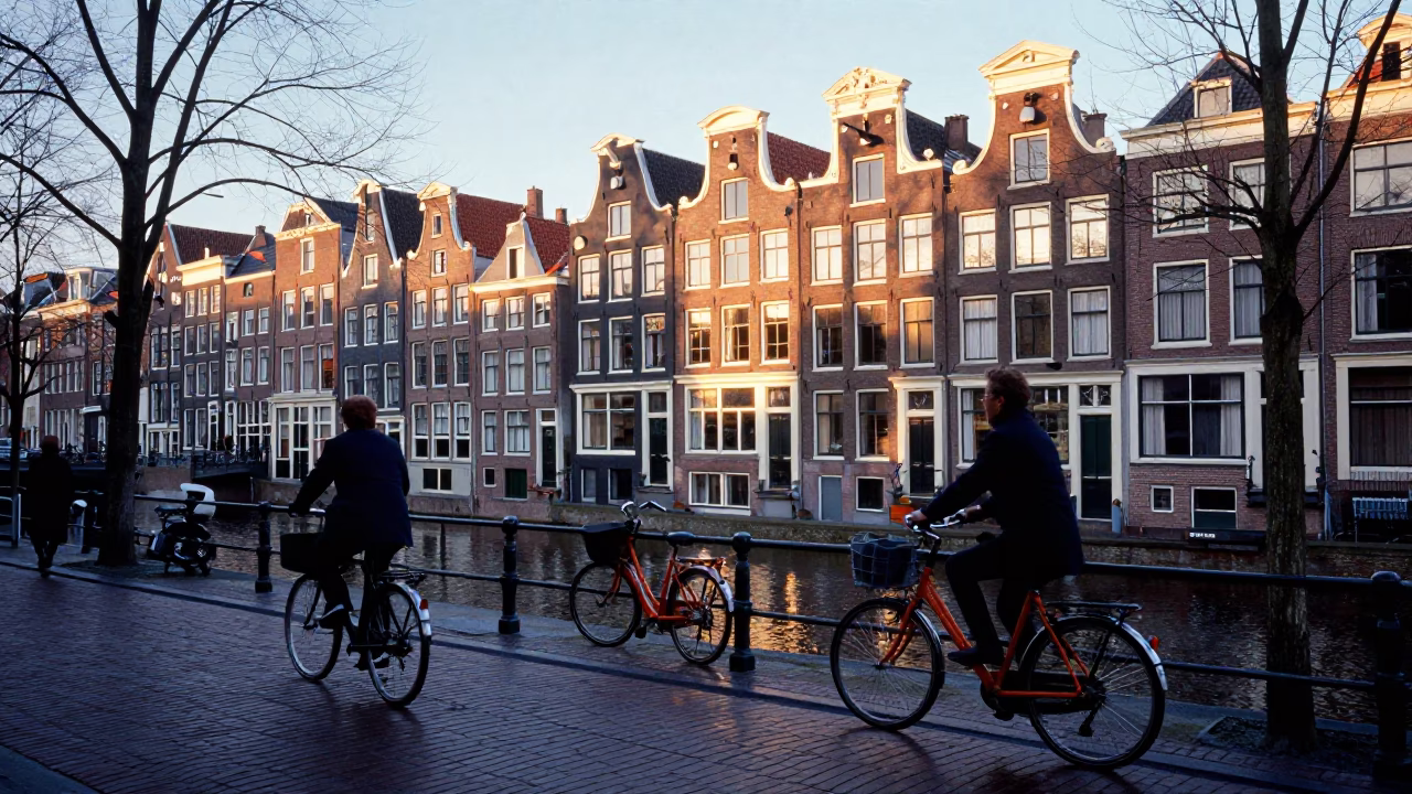 Street Scene in Amsterdam at As First Light Reaches The Scene in in Amsterdam, Netherlands