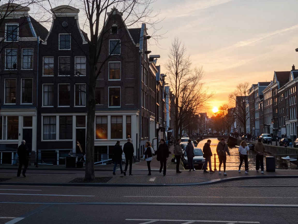 Street Scene in Amsterdam at As The Sun Drops Toward The Horizon in in Amsterdam, Netherlands