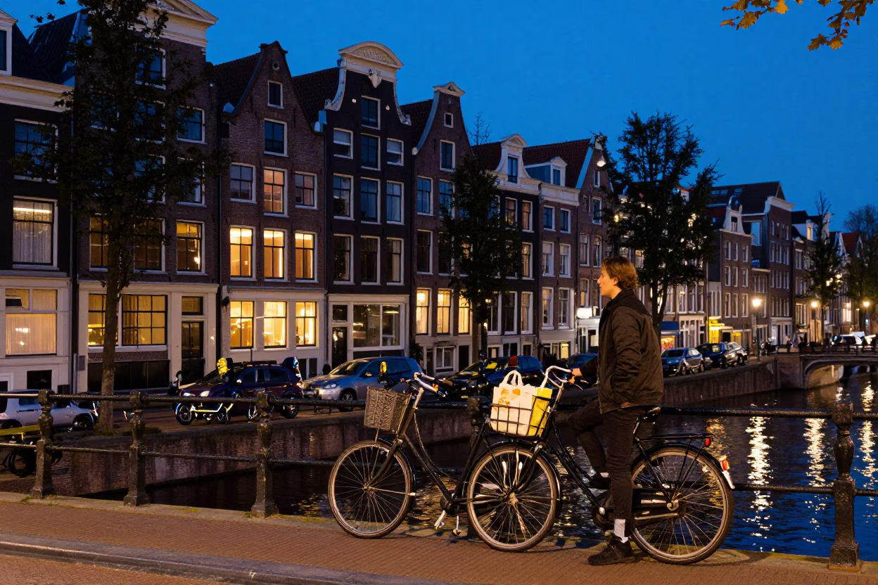 Street Scene in Amsterdam at Blue Hour in in Amsterdam, Netherlands
