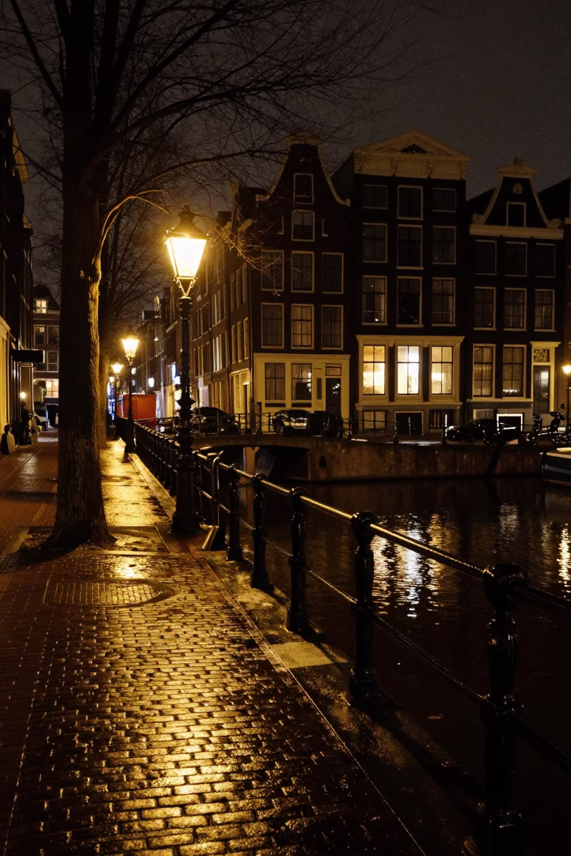 Street Scene in Amsterdam at Deep In The Night Light in in Amsterdam, Netherlands