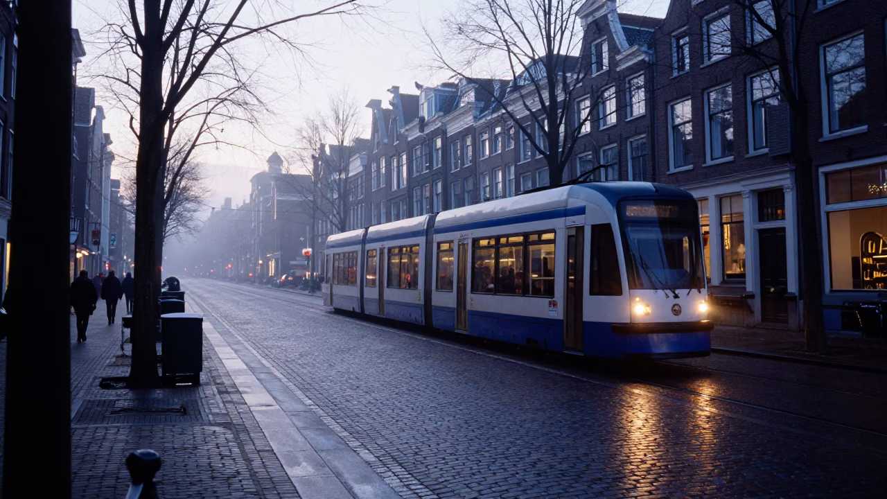 Street Scene in Amsterdam at First Light Of Dawn in in Amsterdam, Netherlands
