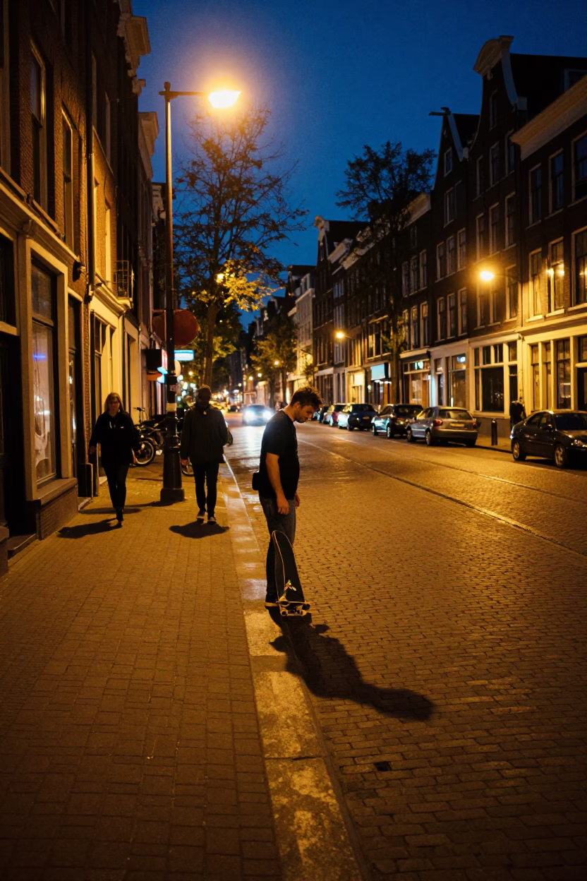 Street Scene in Amsterdam at Late At Night Light in in Amsterdam, Netherlands