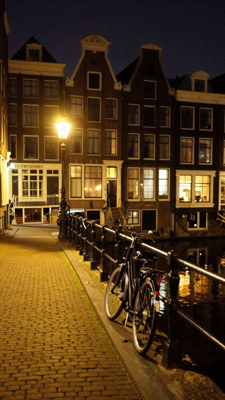 Street Scene in Amsterdam at Midnight Light in in Amsterdam, Netherlands