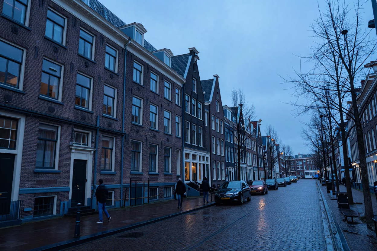 Street Scene in Amsterdam at Nautical Dawn Light in in Amsterdam, Netherlands