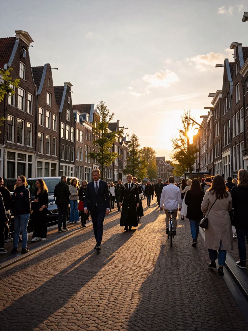 Street Scene in Amsterdam at Sunset Light in in Amsterdam, Netherlands