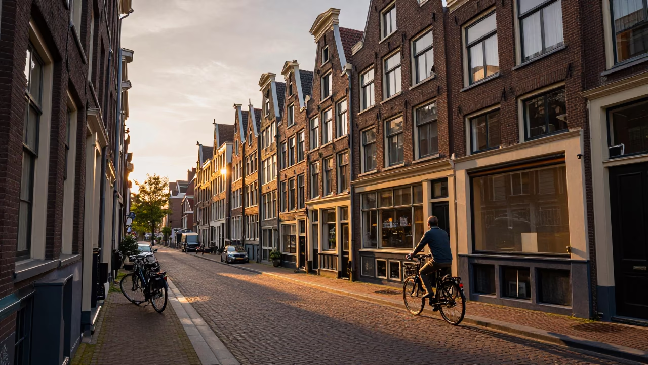 Street Scene in Amsterdam at Sunset Light in in Amsterdam, Netherlands