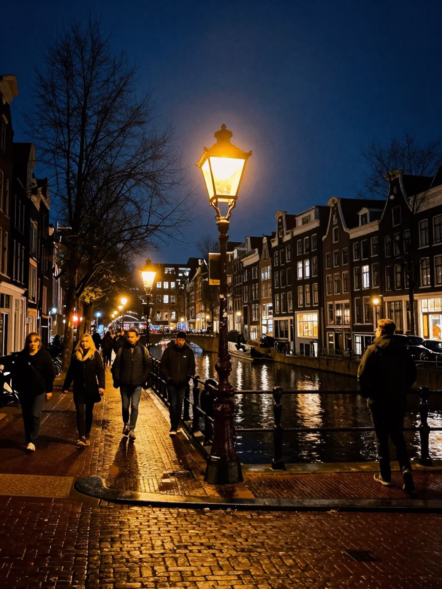 Street Scene in Amsterdam at The Deepest Night Sky Light in in Amsterdam, Netherlands